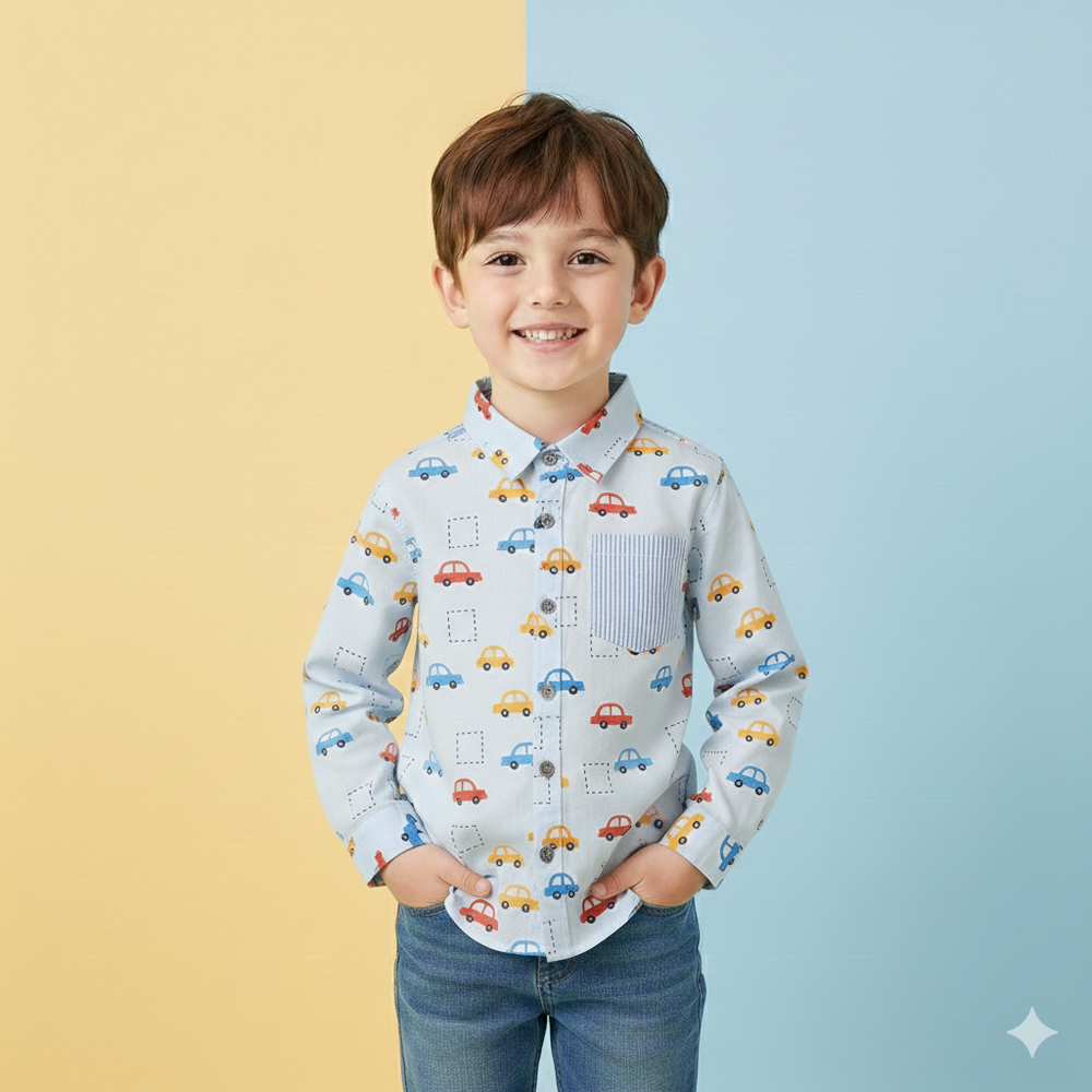 經典口袋長袖襯衫-小車車-藍色