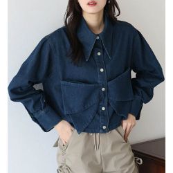 日本 BLUE EAST - 俏麗大蝴蝶結牛仔襯衫式外套-海軍藍
