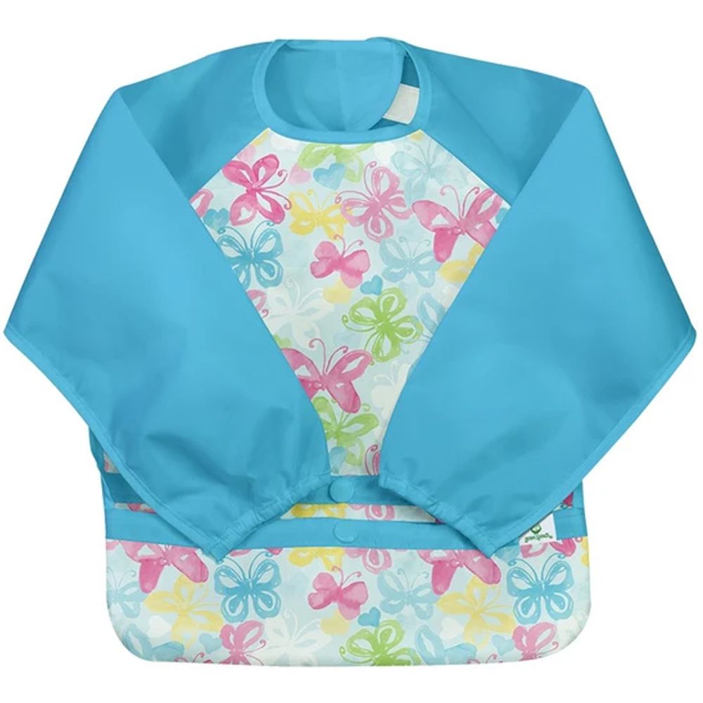 美國 green sprouts - 小綠芽魔鬼氈雙面防水/防食物掉落長袖圍兜單入組-蝴蝶滿園