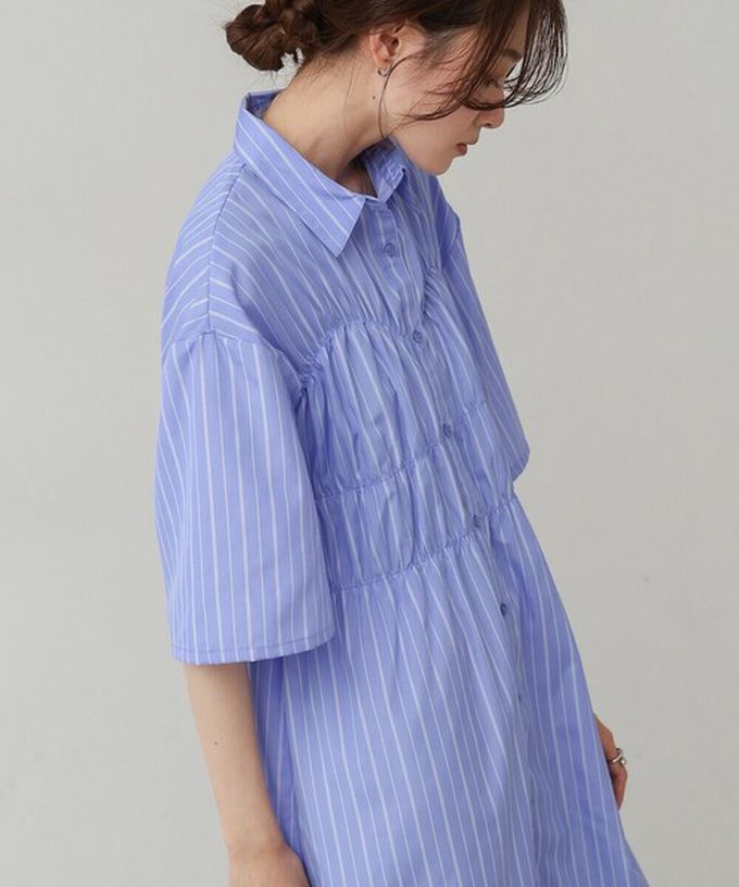 日本 Bab - 時尚抓皺襯衫式五分袖洋裝-條紋-象牙