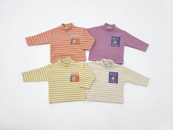 韓國 Mimico - 小領條紋長袖上衣-小熊生日-米杏