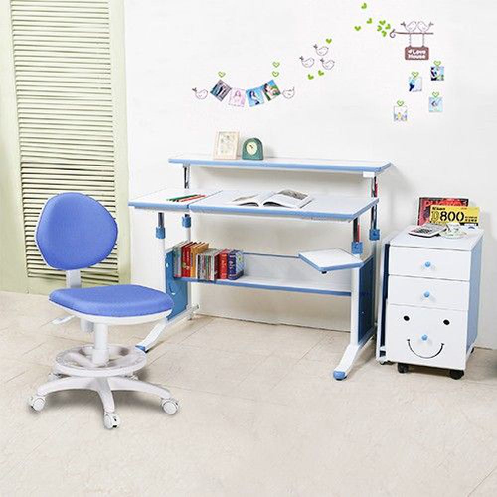 創意小天才 - 第五代兒童專用120cm調節桌三件組(桌+MORE FUN可加寬三抽櫃+素養家椅)/兒童書桌椅-活力藍