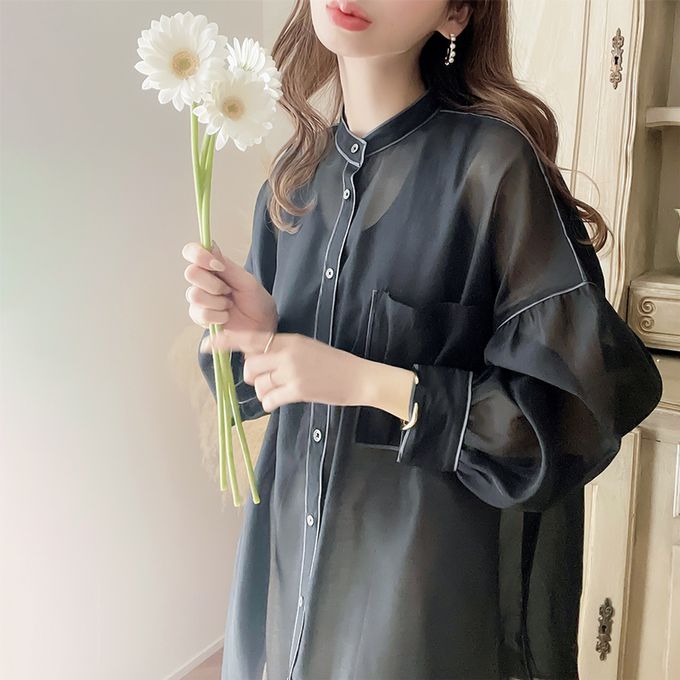 日本 Classical Elf - 優雅滾邊透膚感長袖襯衫-灰棕