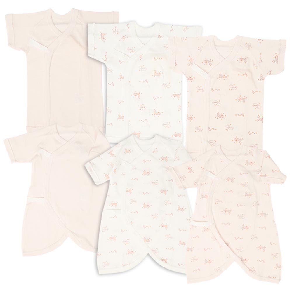 akachan honpo - 新生兒內衣6件組-短袖&7分袖 按扣款-粉紅色