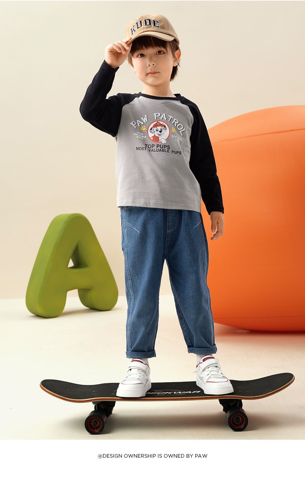 卡通汪汪隊純棉圓領長袖上衣-卡通人物小礫-黃+灰