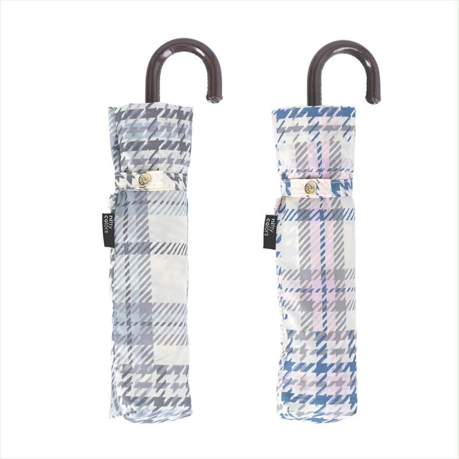 日本 nifty colors - 抗UV輕量 晴雨兩用J型手把折疊傘-格紋拼接-淺藍 (直徑90cm/171g)