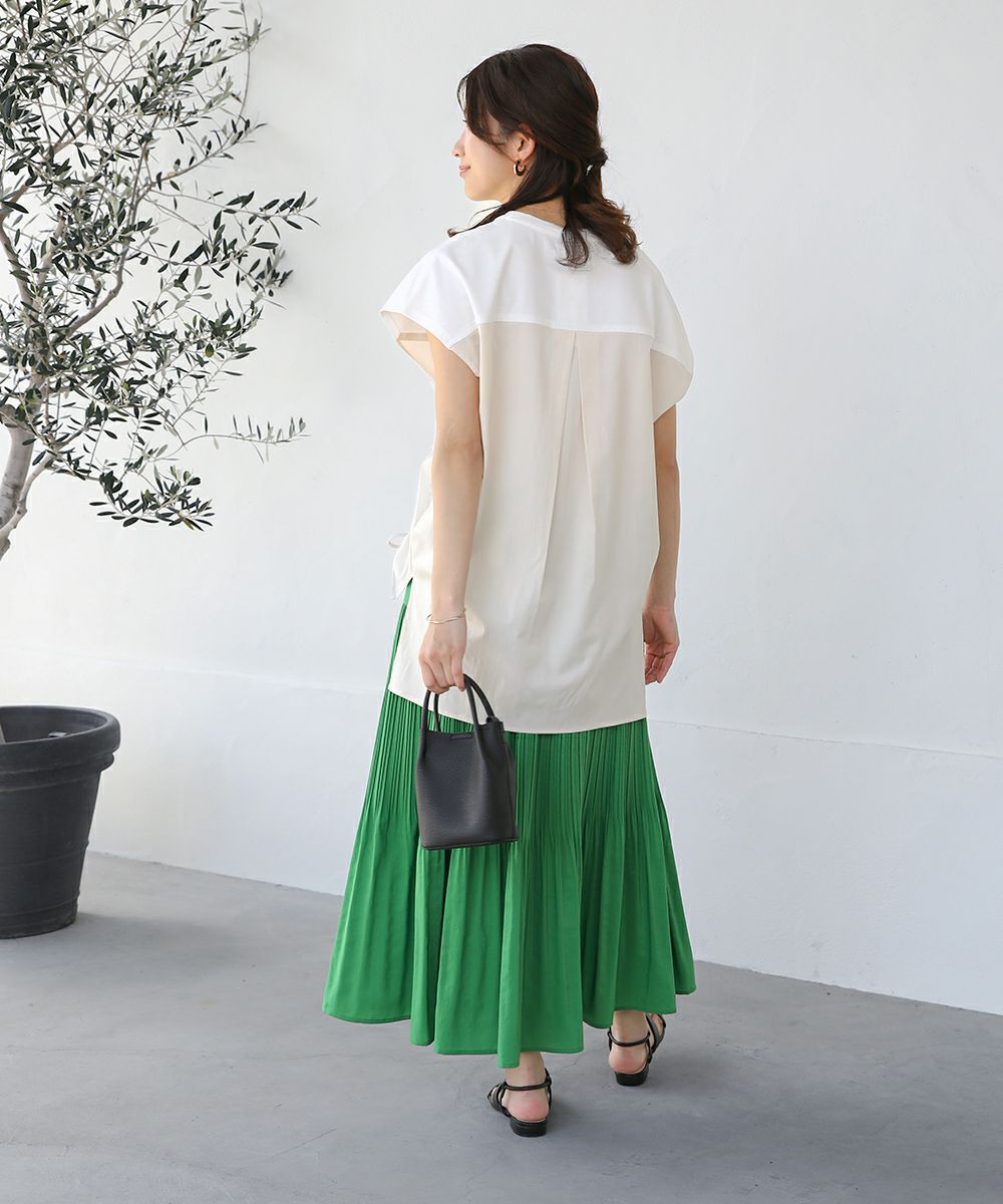 日本 Bab - 撞色拼接抽繩法式袖上衣-白