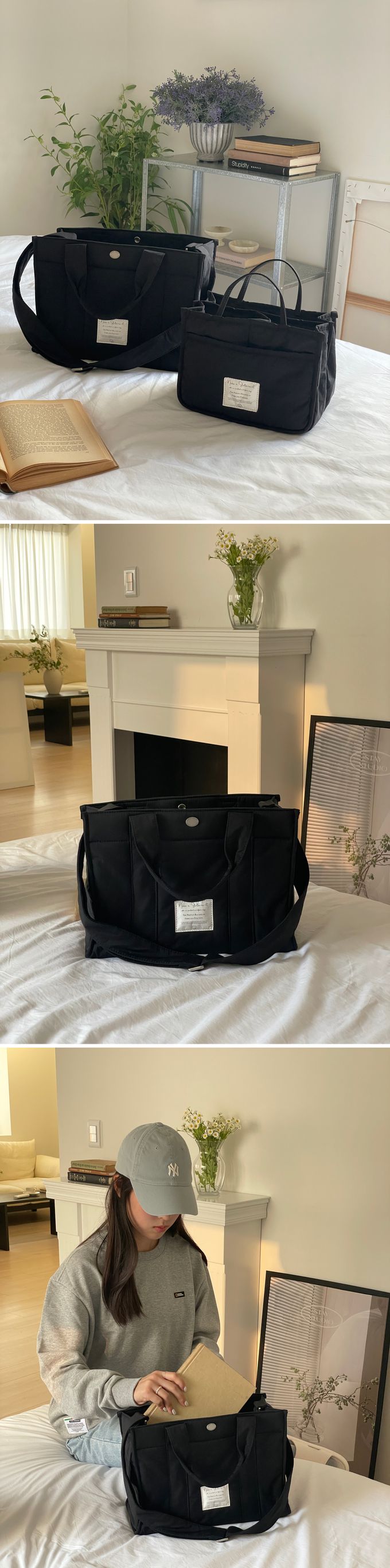 韓國 THEALLY - 尼龍手提/肩背兩用方形收納包-深卡其 (中)