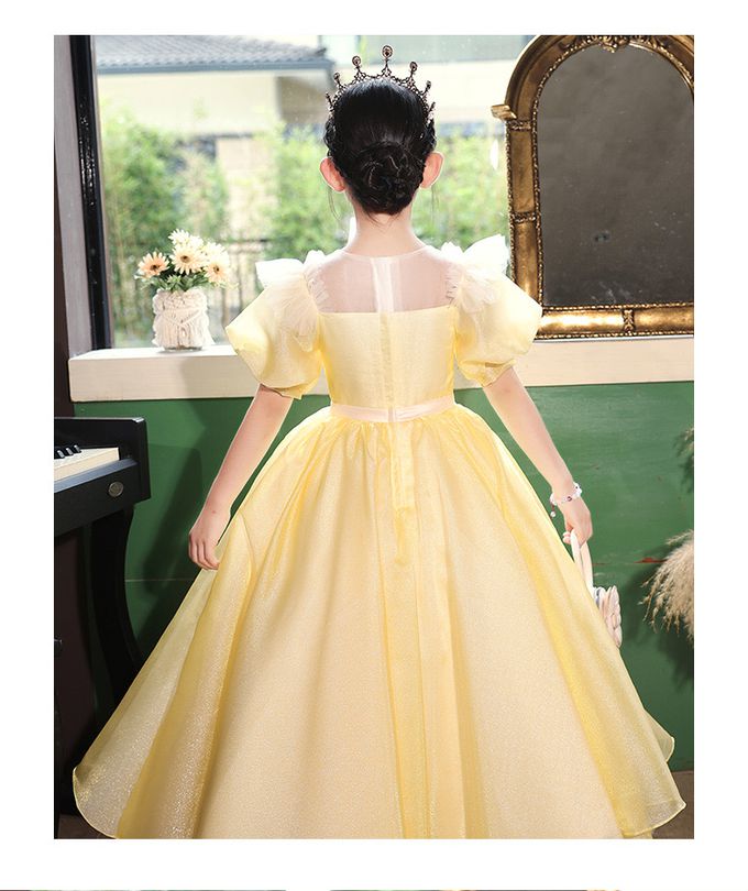 玫瑰故事柔美淺黃亮絲婚紗短袖長禮服 演奏會婚禮花童長禮服