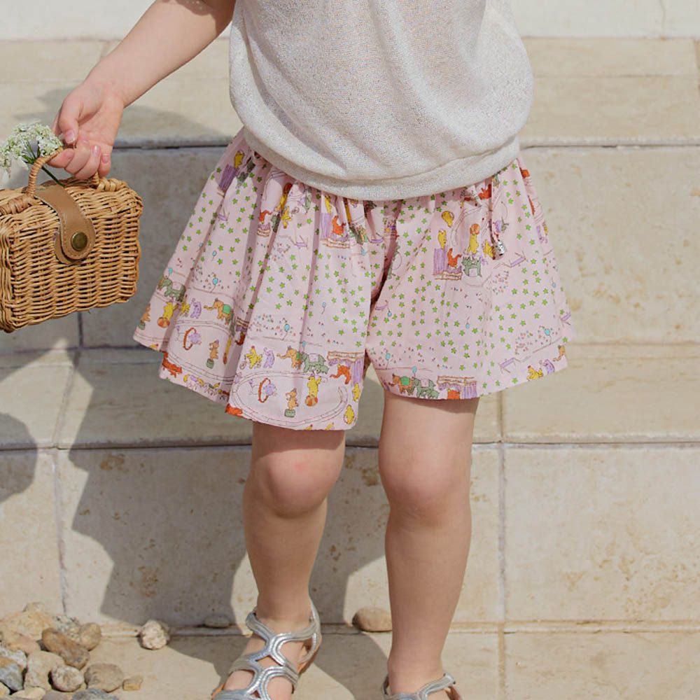 鬆緊腰寬鬆飄逸短褲-彩繪馬戲團-淡粉