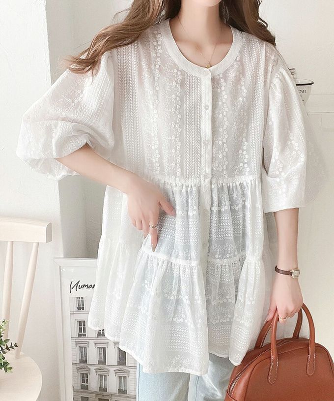 日本 Classical Elf - 3WAY刺繡雕花廓形短袖襯衫-摩卡