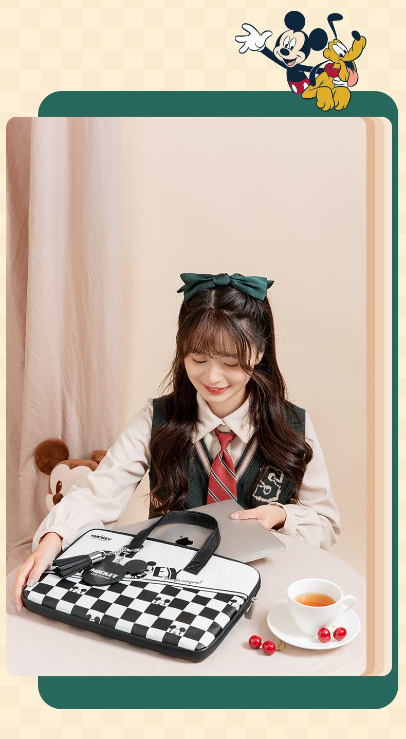 迪士尼手提電腦包-格紋+米奇-黑+白