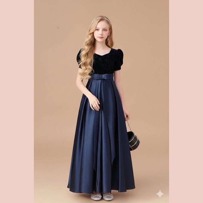 love, charlotte - 歐美系典雅蔥粉點綴絲絨短袖婚紗緞長禮服 - 藏青色