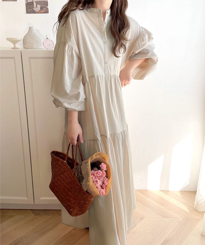 日本 Classical Elf - 百搭分層襯衫領大寬袖洋裝-摩卡