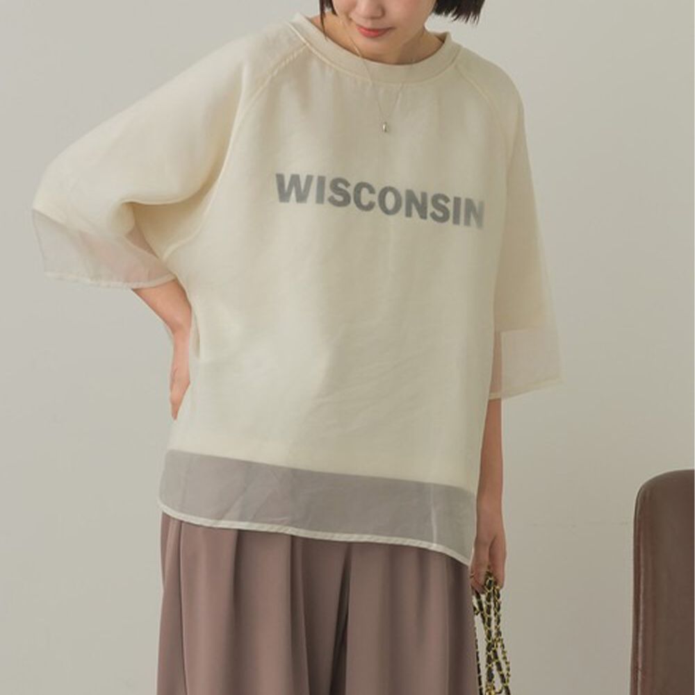 歐根紗時尚輕盈層次七分袖上衣-米白