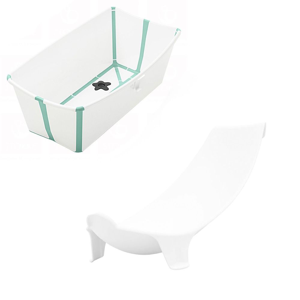 Stokke - Flexi Bath折疊式浴盆(感溫水塞)-白色(湖水綠包邊) (＋初生嬰兒浴架)-團購專案