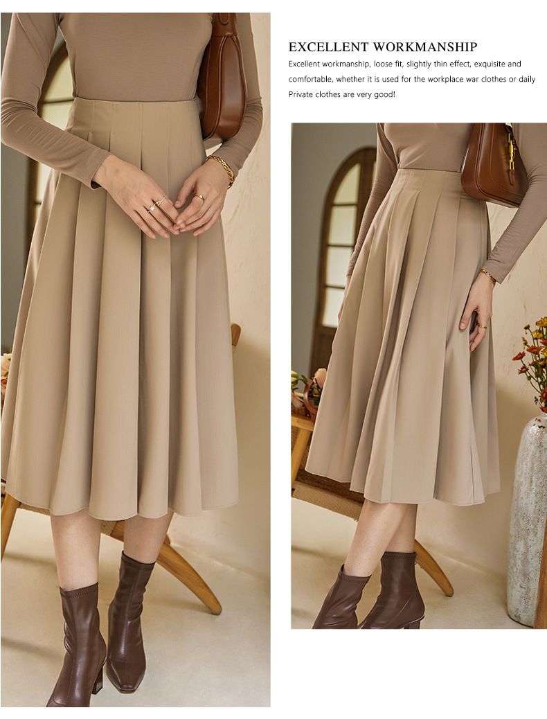 百褶高腰半身裙-杏色