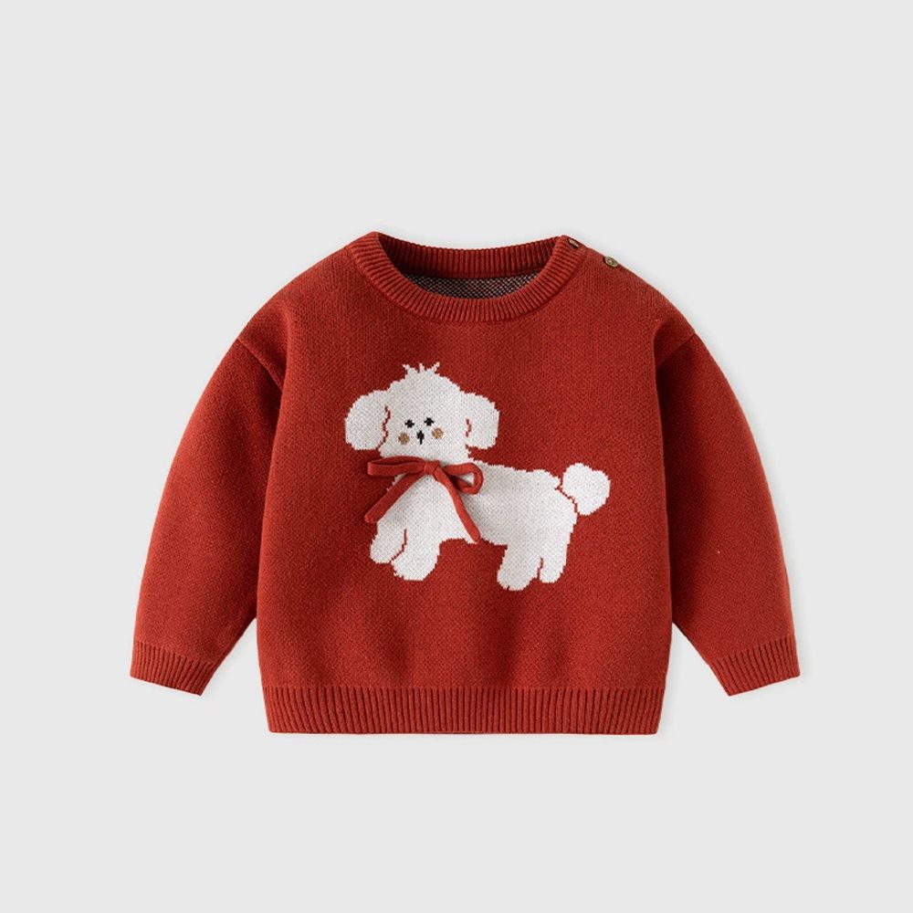 純棉圓領針織長袖上衣-蝴蝶結小狗-紅色