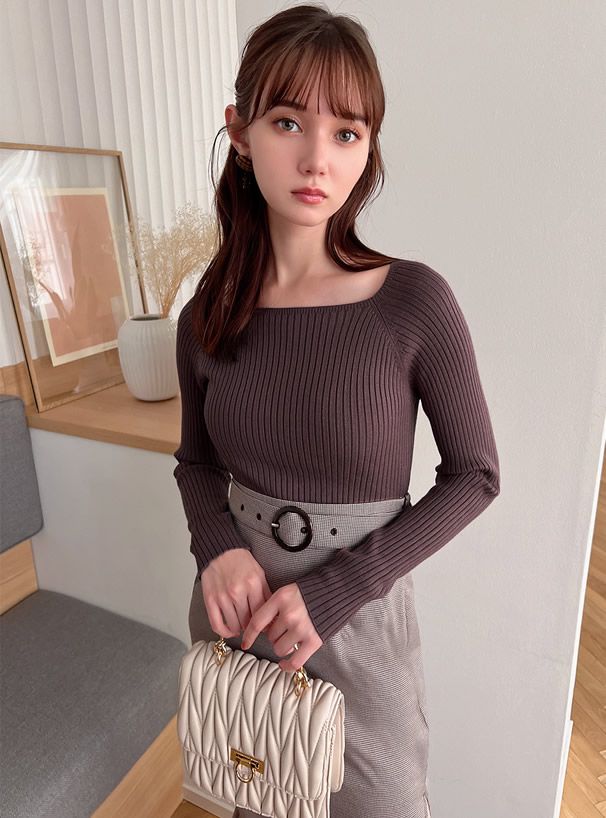 日本 GRL - 法式方領羅紋針織上衣-草綠