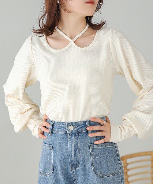 日本 Bab - 2WAY氣質綁帶羅紋泡泡袖上衣-米杏