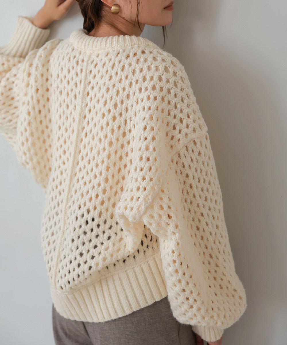 日本 Bab - 混羊毛設計感網格針織上衣-摩卡