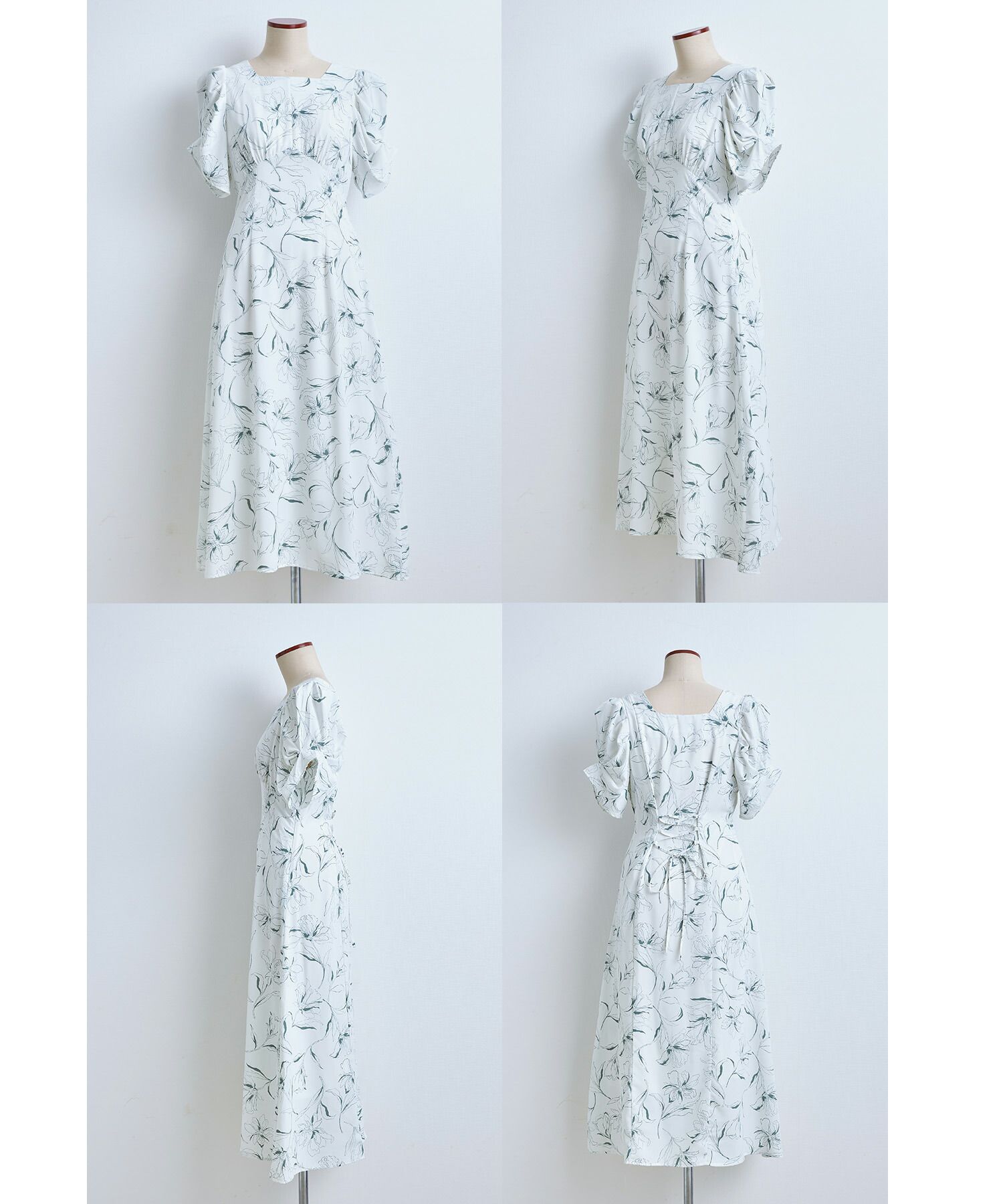 日本 tocco-closet - 典雅方領後綁帶泡泡袖洋裝-純潔百合-春芽綠