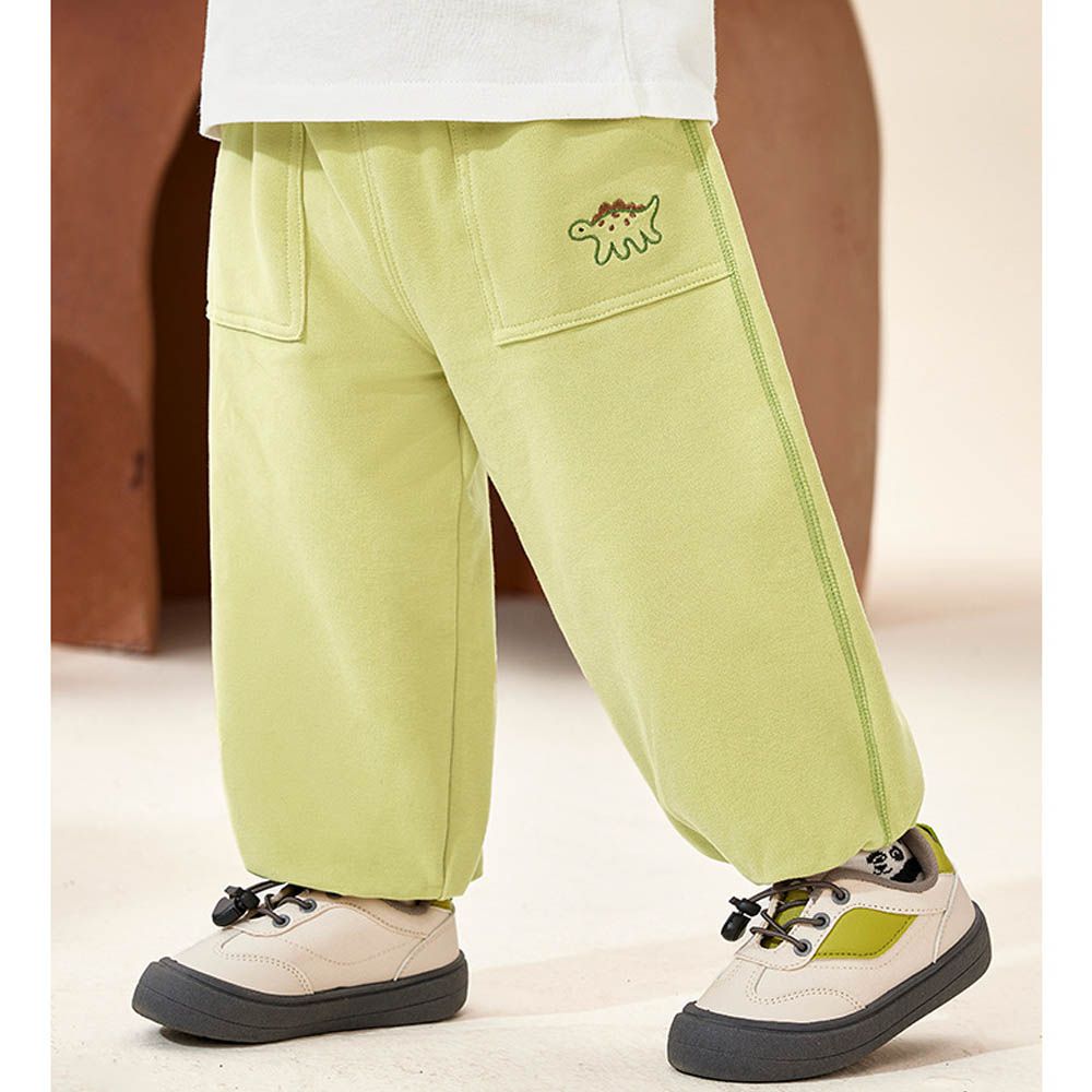 腰鬆緊運動休閒長褲-恐龍刺繡-綠色