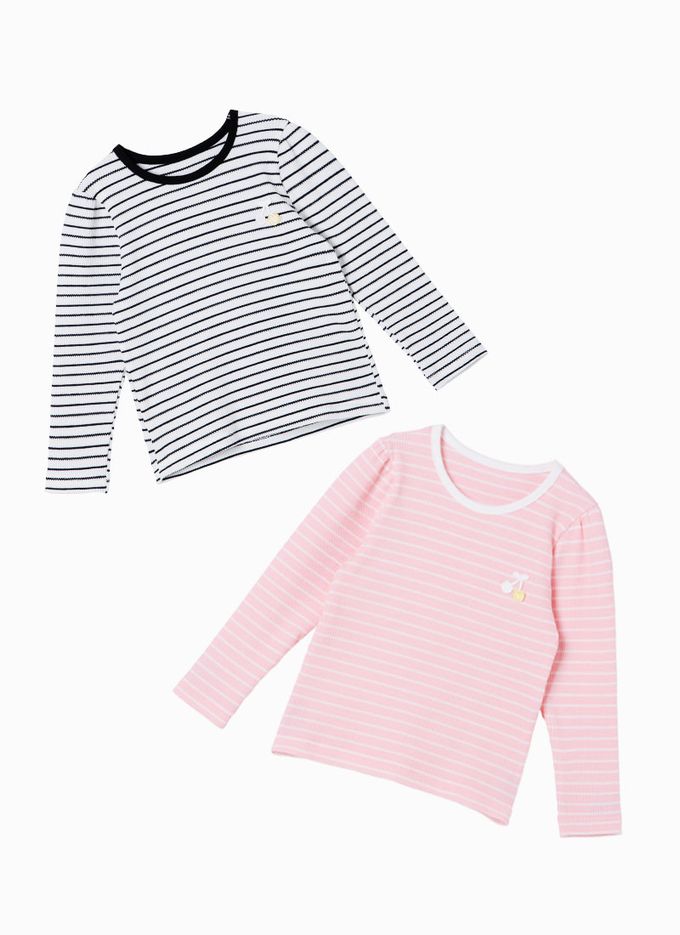 韓國 OZKIZ - 櫻桃點綴條紋長袖上衣-粉X白