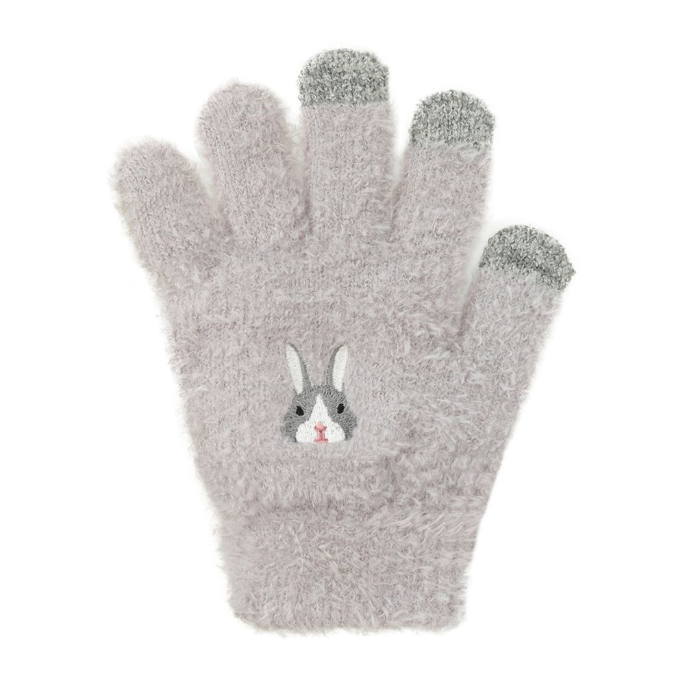 日本 TOMO - (兒童)可觸控可愛動物毛絨保暖手套-兔兔-淺灰