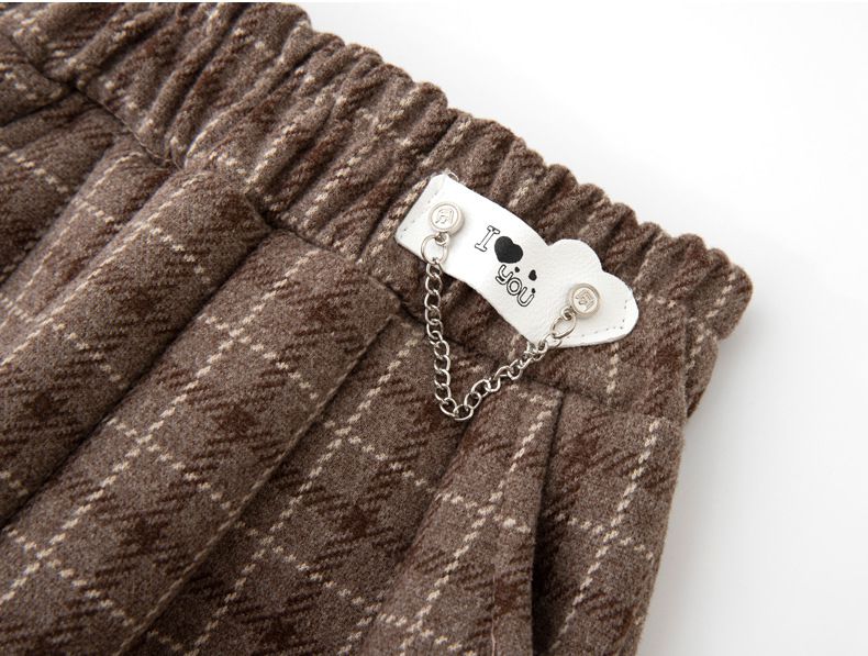 FANMOU - 英倫風加絨腰鬆緊格紋長褲-咖啡色