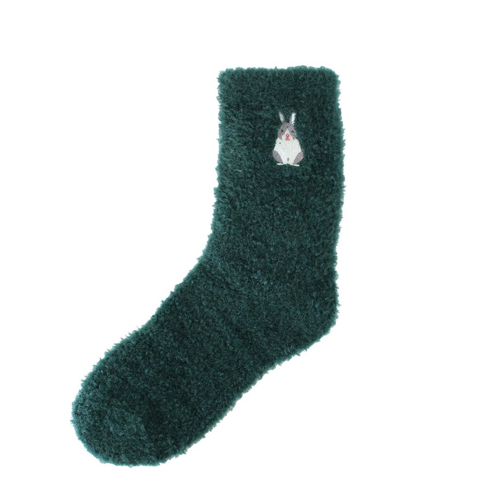 日本 TOMO - 可愛動物刺繡毛絨保暖襪-小花兔-墨綠 (22-25cm)