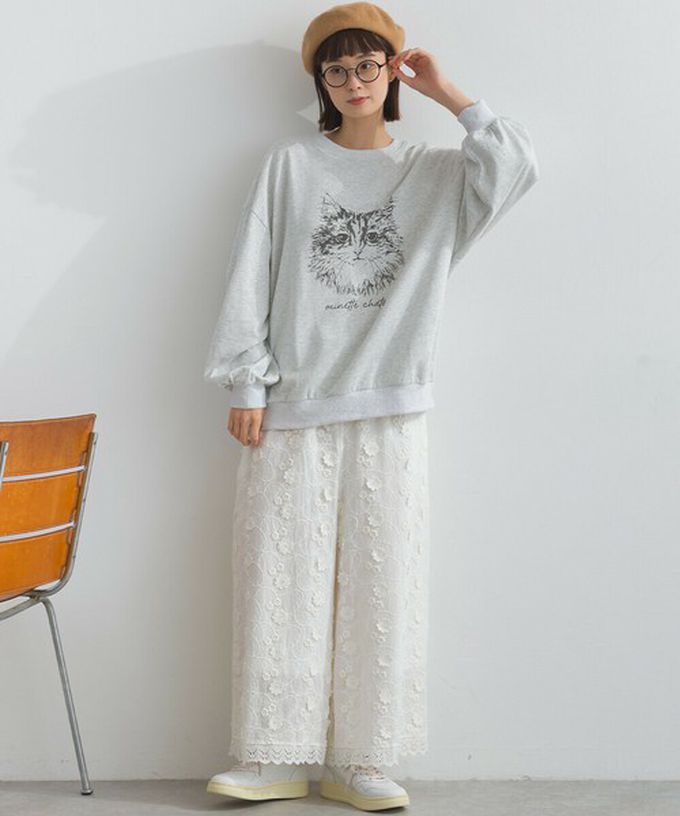 日本 Lupilien - 線條貓咪印花裏毛長袖上衣-藍