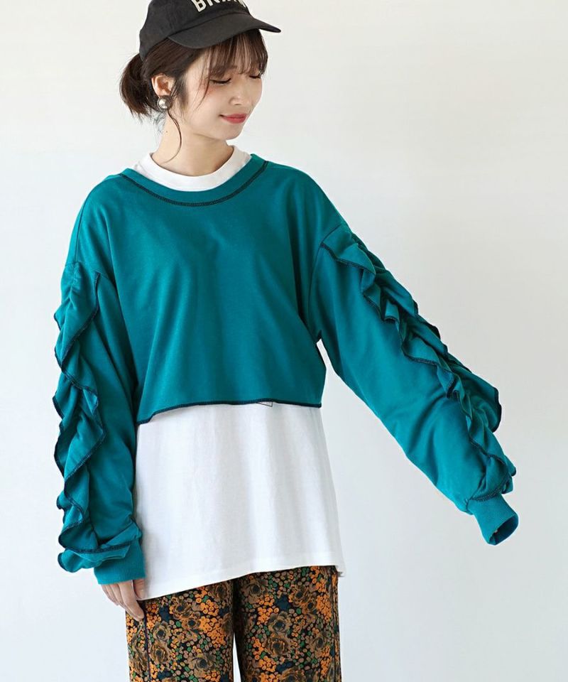 日本 zootie - 2WAY荷葉滾邊綁帶長袖罩衫-寶石藍