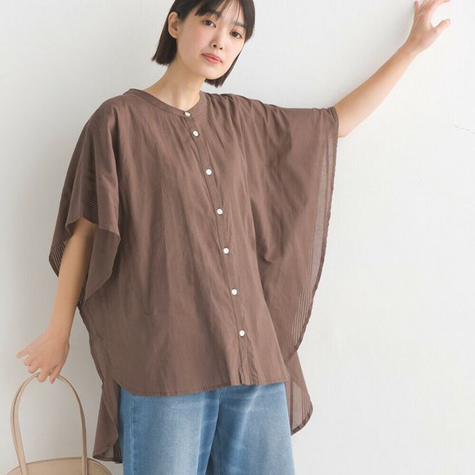 日本 OMNES - 100%印度棉 大寬袖清爽襯衫-咖啡