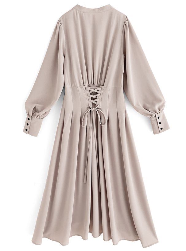 日本 GRL - 黑色下午茶紐結收腰洋裝-香檳粉