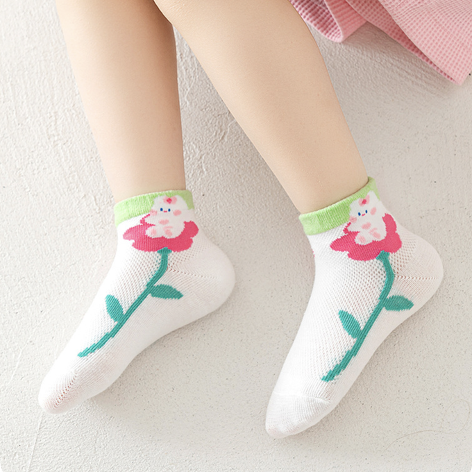 love, charlotte - 小兔大花櫻桃網眼短筒棉襪-5 雙一組