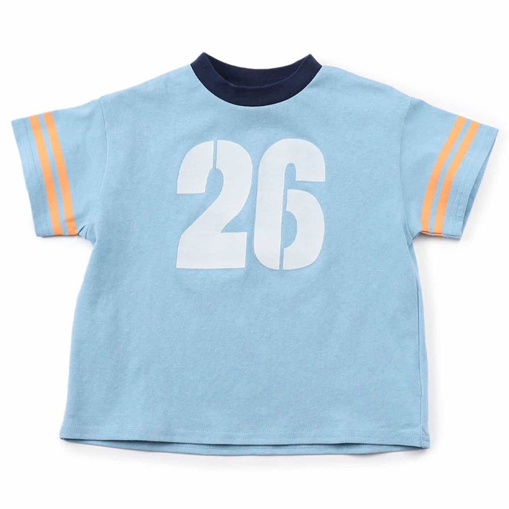 100%棉 運動風印花短袖上衣-數字26-水藍