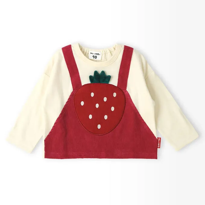日本 ZOOLAND - 水果樂園 燈芯絨吊帶拼接長袖上衣-草莓-白X紅