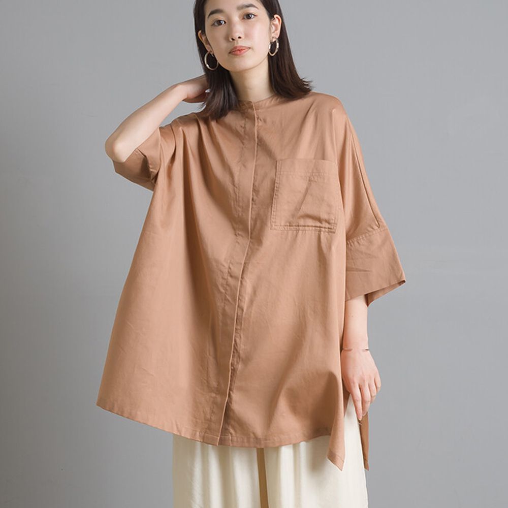 日本 OMNES - 高品質棉緞中山領五分袖上衣-杏 (Free size)