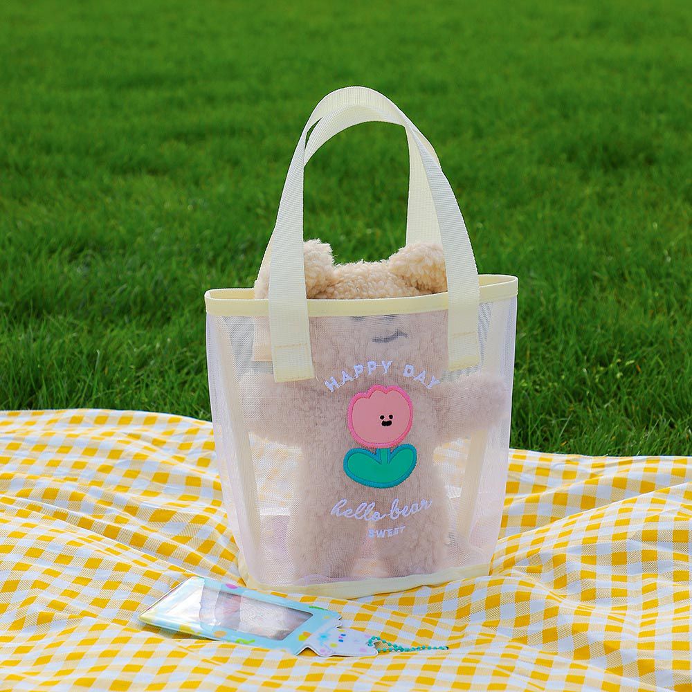實用輕便手提網紗包/沙灘包-粉色花朵 (16×19.5×10cm)