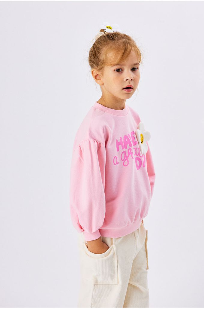 韓國 OZKIZ - 微笑花裝飾長袖大學T-粉