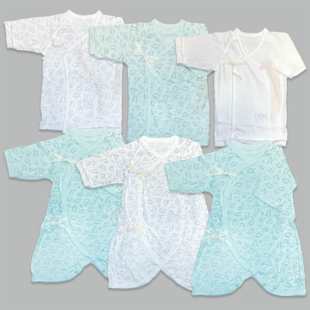 長袖新生兒內衣6件組-綁帶款 恐龍-綠色 (50~60cm)