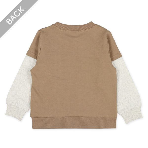 日本西松屋 - 裏毛圓領印花長袖上衣-恐龍小島-咖啡