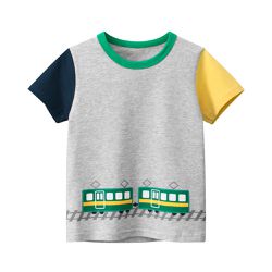 27KIDS - 純棉短袖上衣-綠色火車-拼色灰