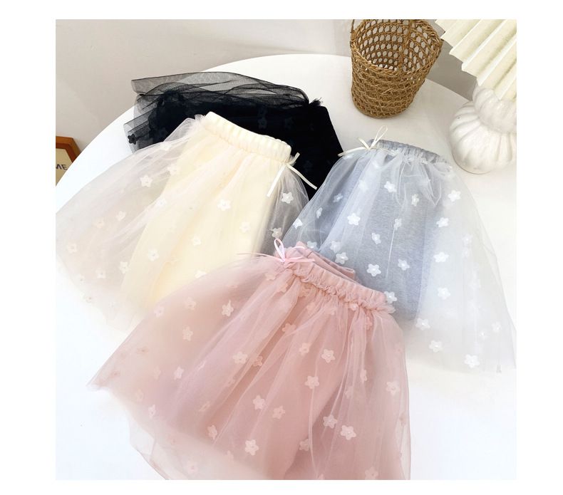 FANMOU - 內搭褲裙-薄紗花朵-黑色