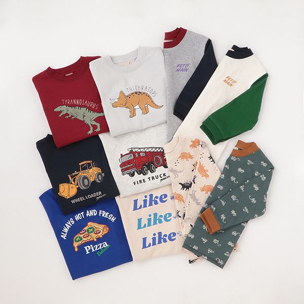 日本 petit main - 男孩俏皮長袖上衣-消防車-雜灰