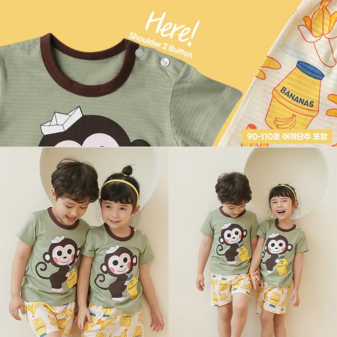 正韓 Puco - 超優質嬰幼兒/兒童短袖100% 有機棉家居服/睡衣-猴子喝香蕉牛奶