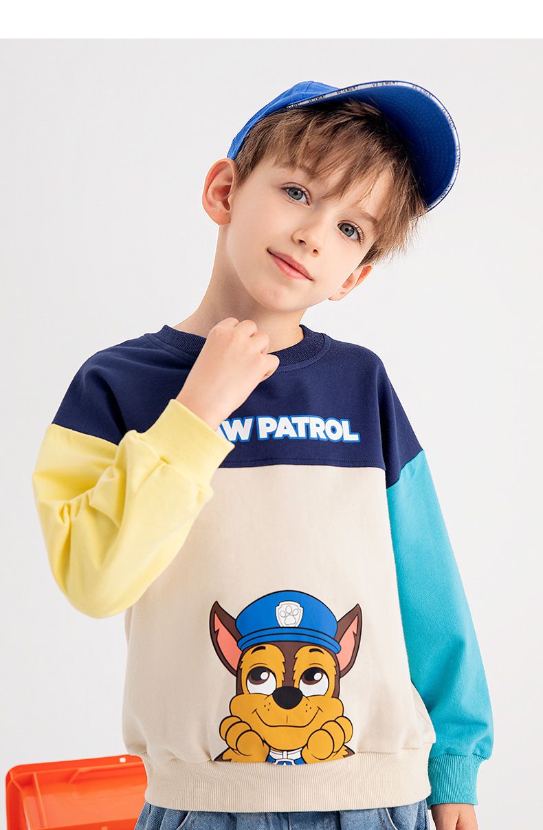 卡通汪汪隊純棉圓領拼接長袖上衣-卡通人物阿奇-紅+綠+杏