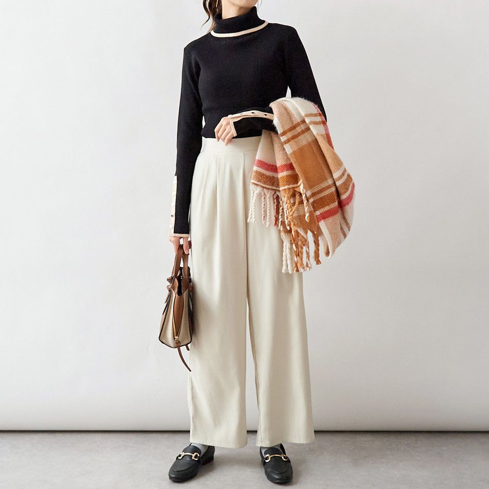 日本 Rejoule - 半高領金釦羅紋針織上衣-杏x黑