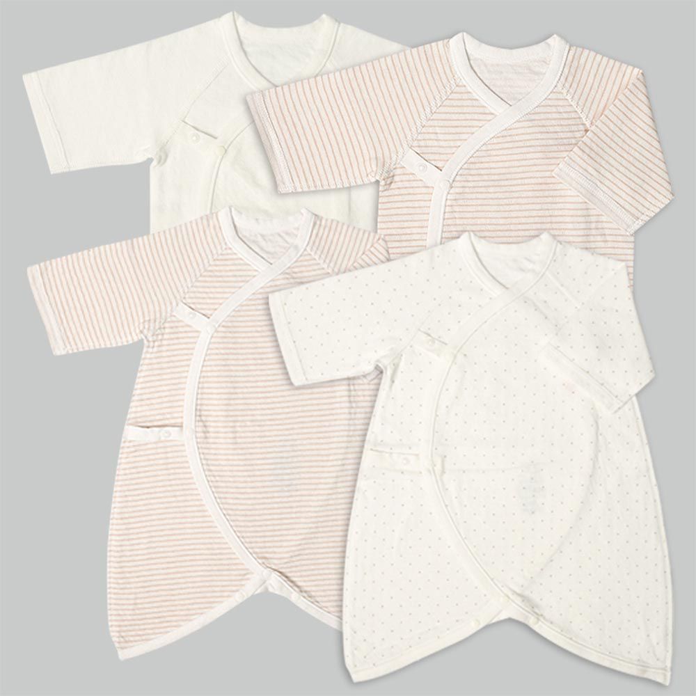 akachan honpo - 長袖新生兒內衣4件組蓬鬆棉質-按扣款-淺卡其色 (50~60cm)